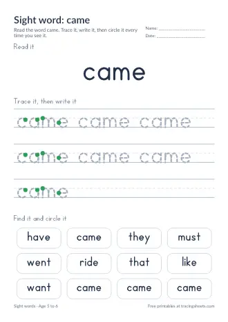 Preview of the sight word: came worksheet
