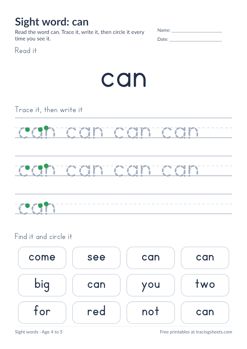 Preview of the printable sight word: can worksheet