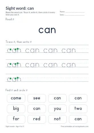 Preview of the sight word: can worksheet