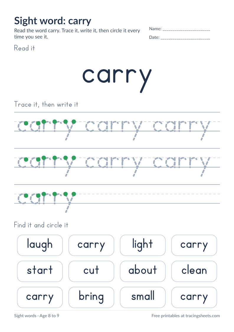 Preview of the printable sight word: carry worksheet