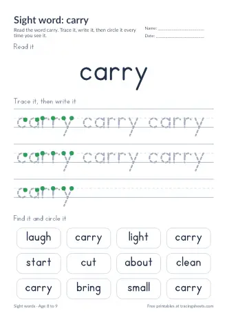 Preview of the sight word: carry worksheet
