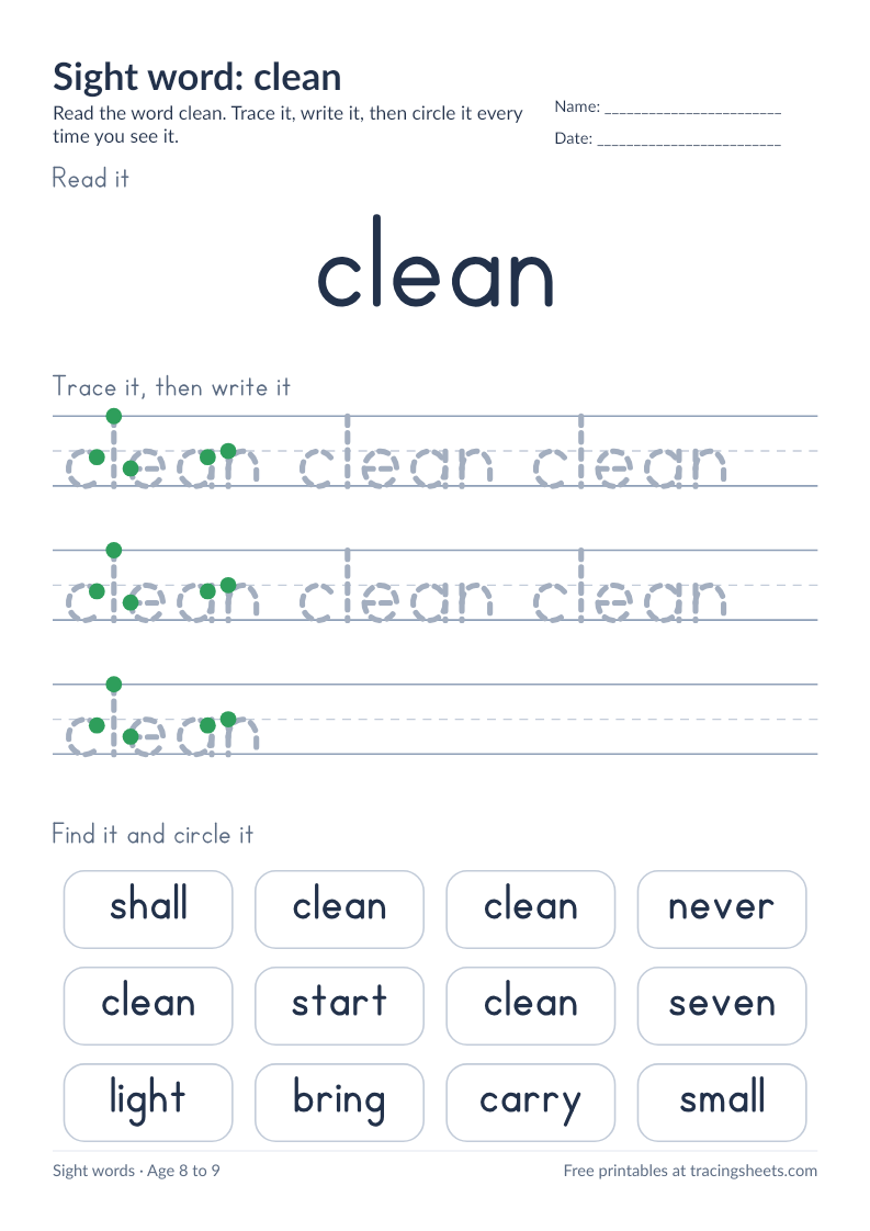 Preview of the printable sight word: clean worksheet