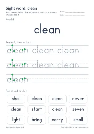 Preview of the sight word: clean worksheet