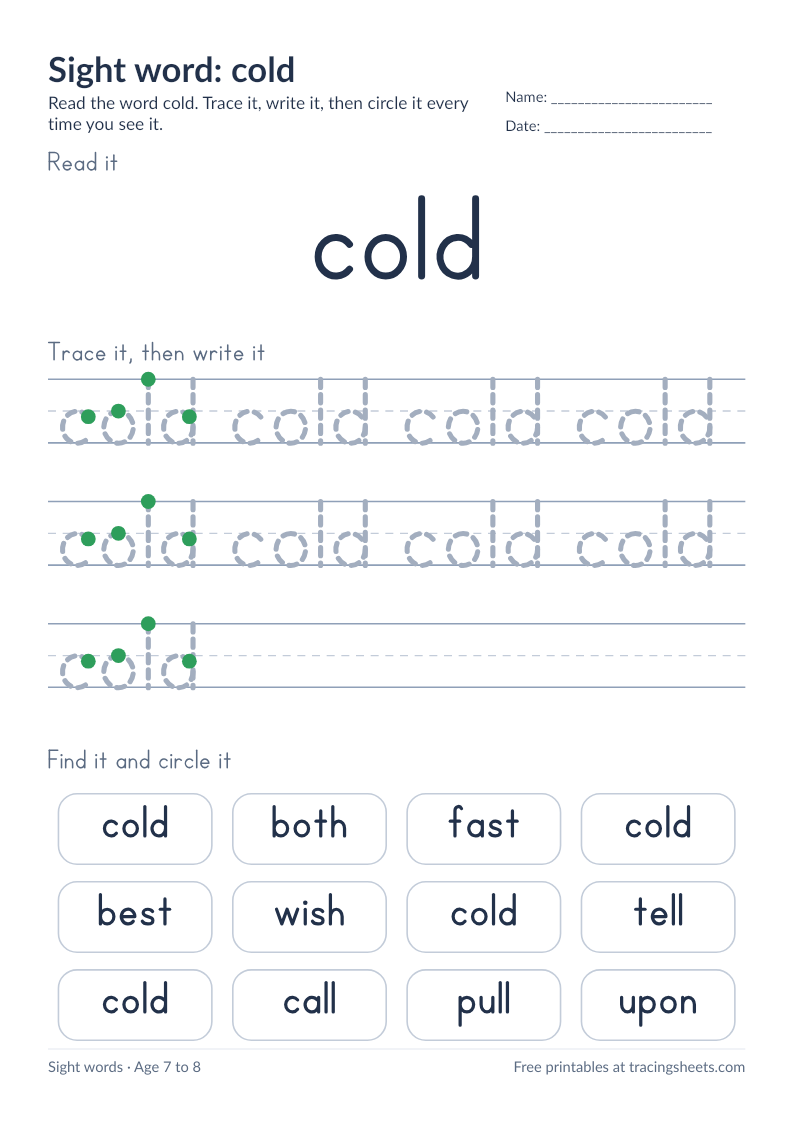Preview of the printable sight word: cold worksheet