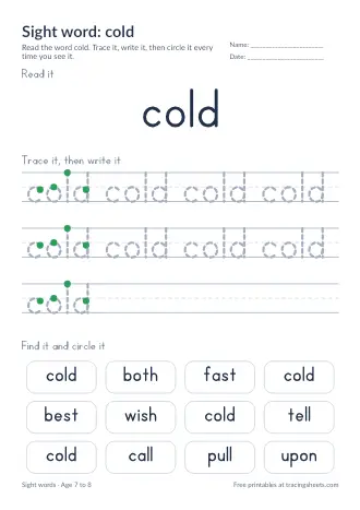 Preview of the sight word: cold worksheet