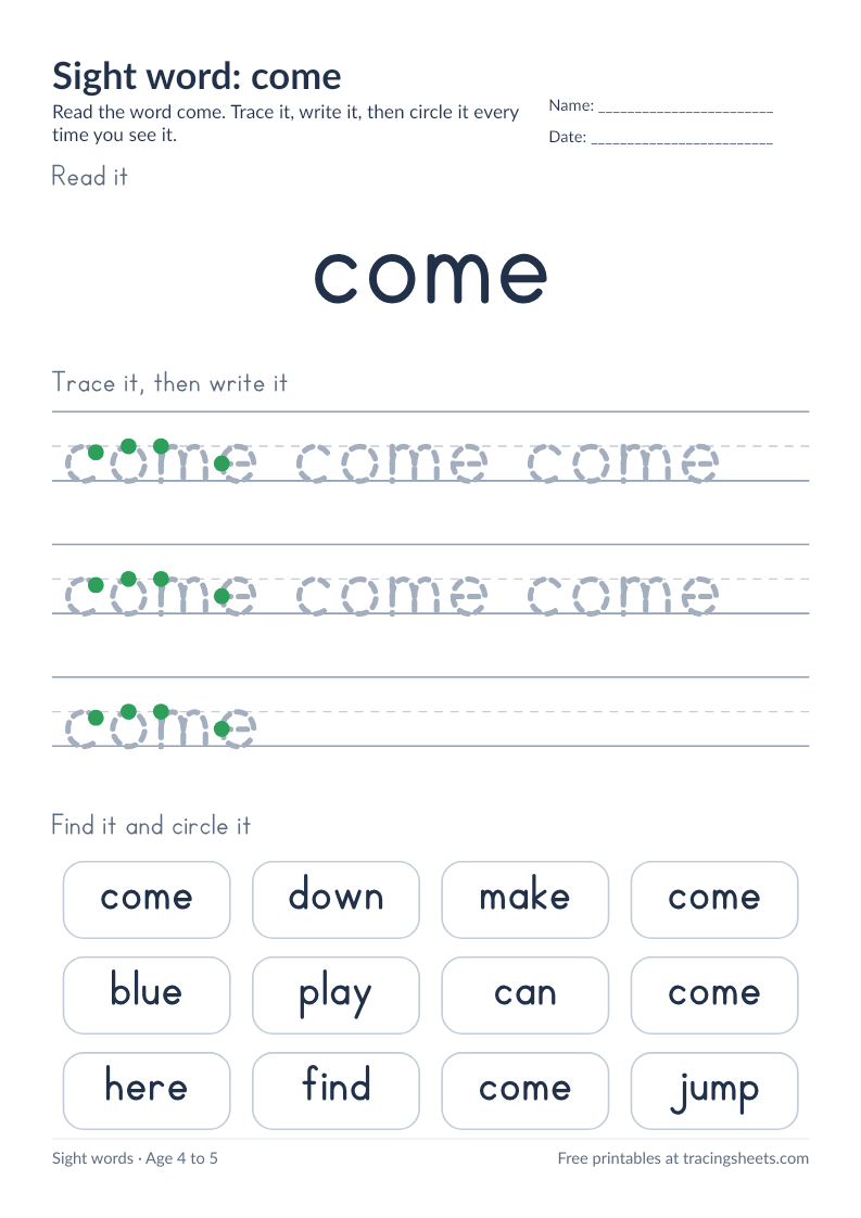 Preview of the printable sight word: come worksheet