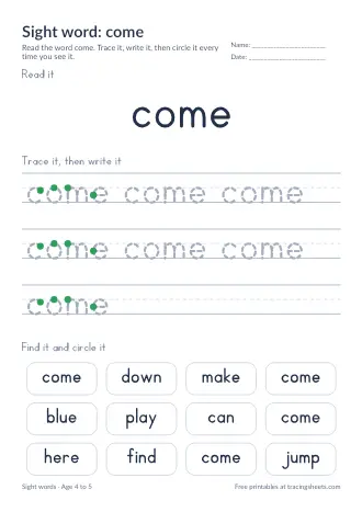 Preview of the sight word: come worksheet