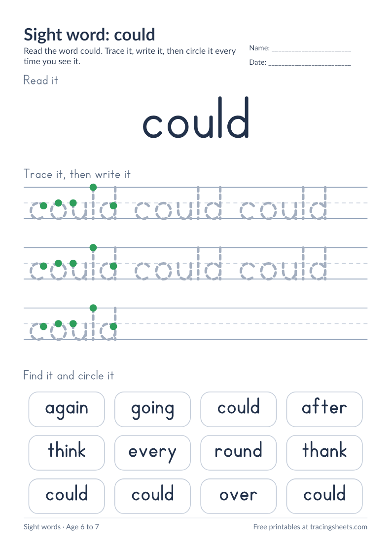 Preview of the printable sight word: could worksheet
