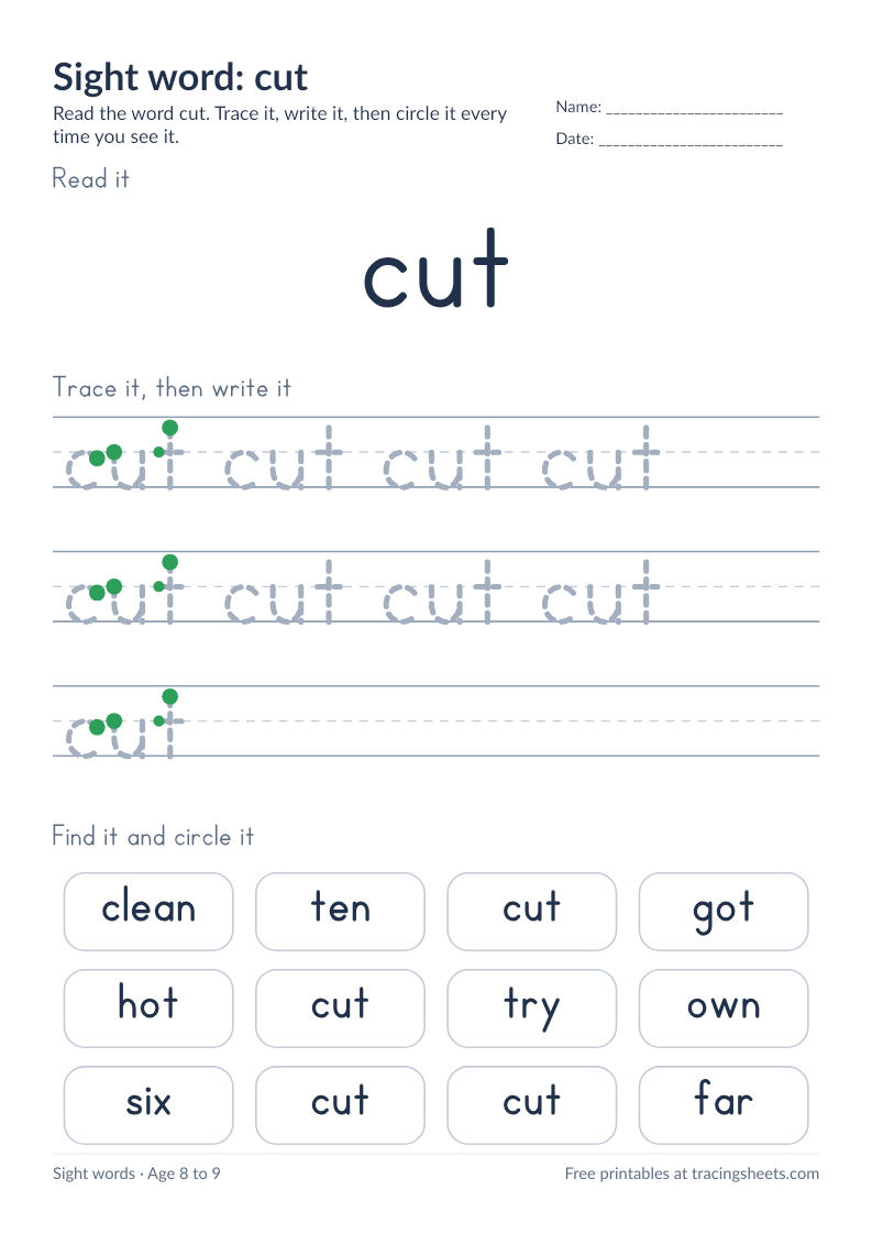 Preview of the printable sight word: cut worksheet