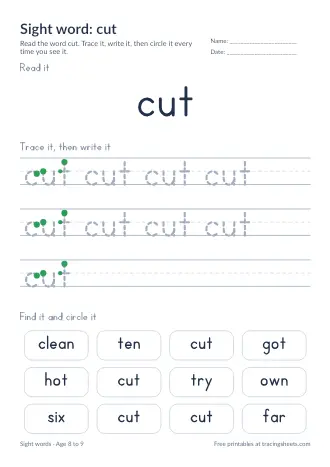 Preview of the sight word: cut worksheet