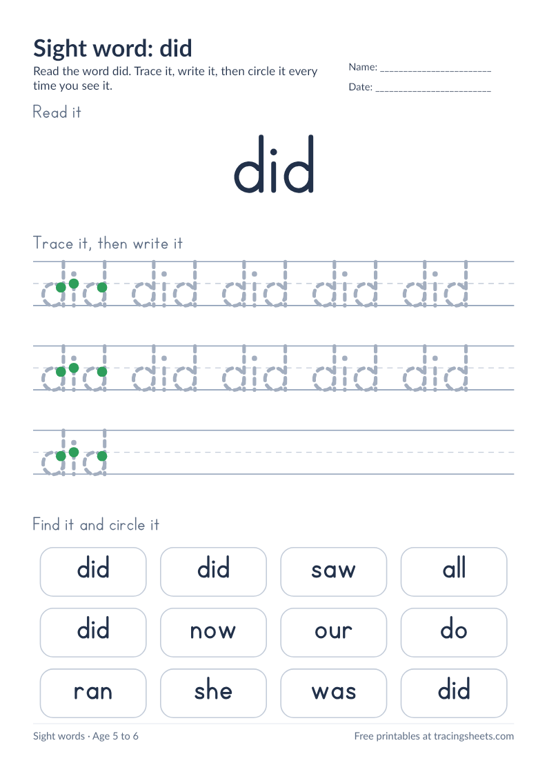 Preview of the printable sight word: did worksheet
