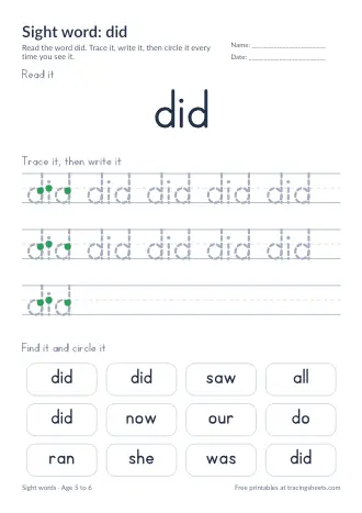 Preview of the sight word: did worksheet