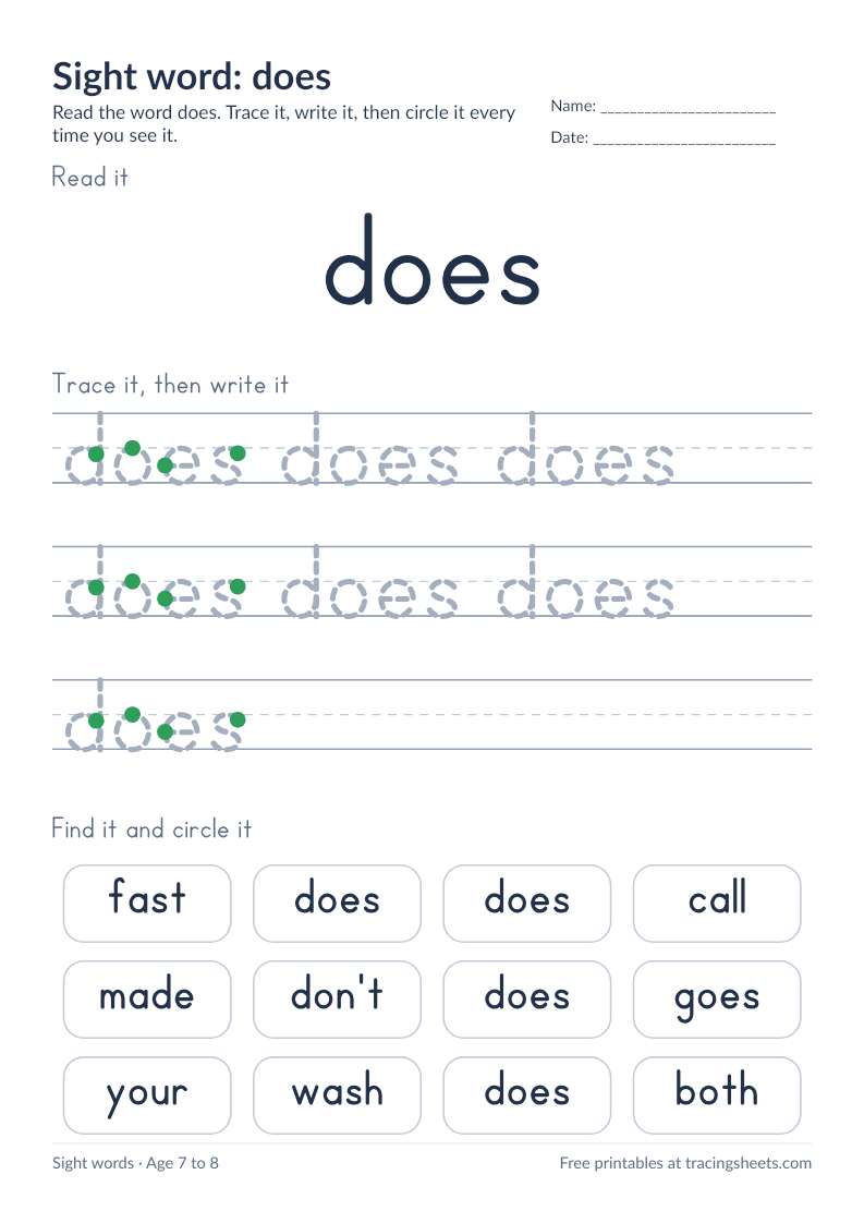 Preview of the printable sight word: does worksheet