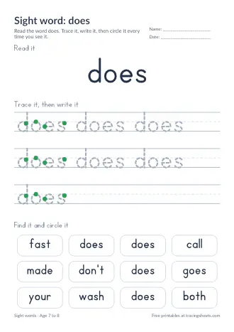 Preview of the sight word: does worksheet