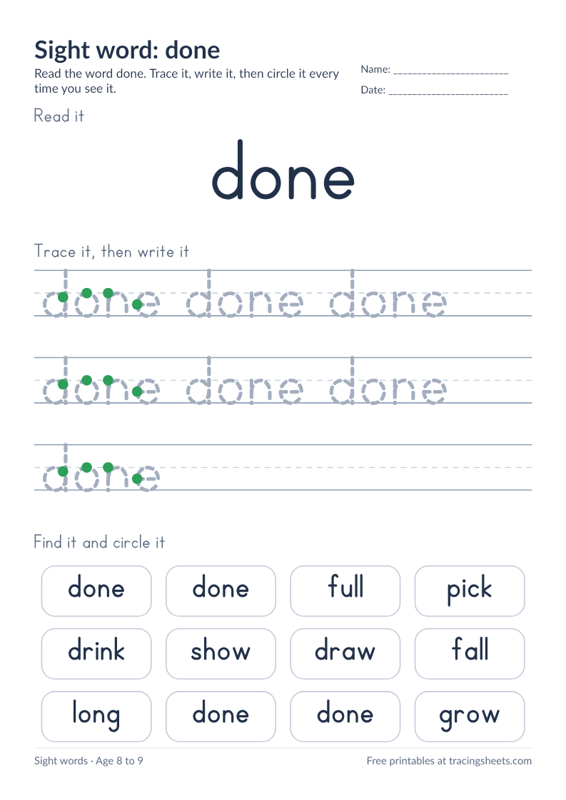 Preview of the printable sight word: done worksheet
