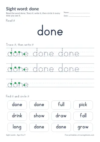 Preview of the sight word: done worksheet