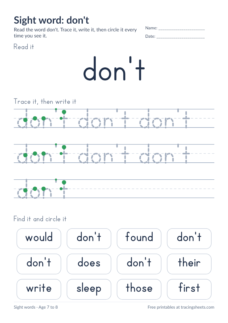 Preview of the printable sight word: don't worksheet