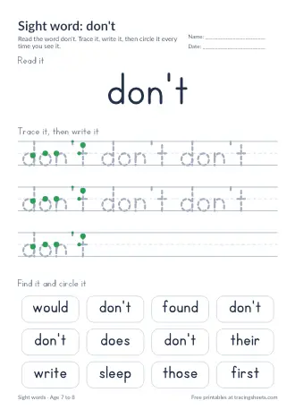 Preview of the sight word: don't worksheet
