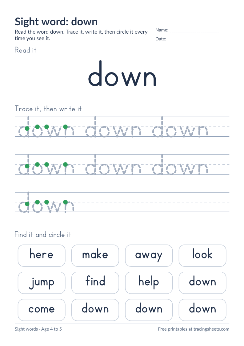 Preview of the printable sight word: down worksheet