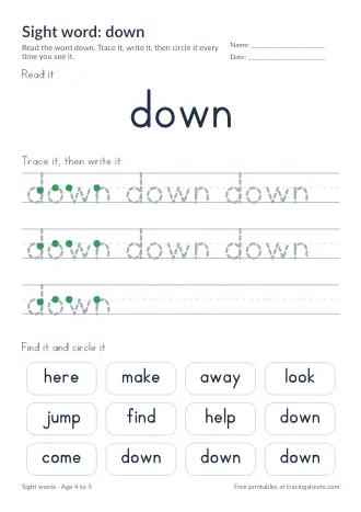 Preview of the sight word: down worksheet