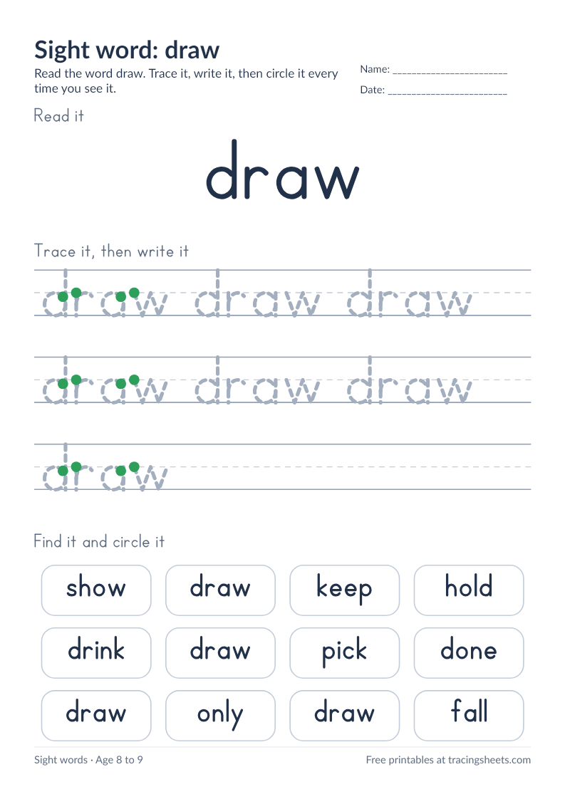 Preview of the printable sight word: draw worksheet