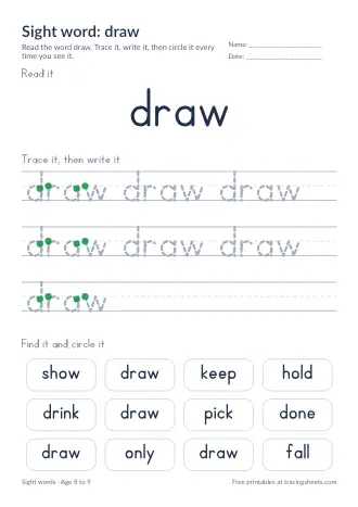 Preview of the sight word: draw worksheet