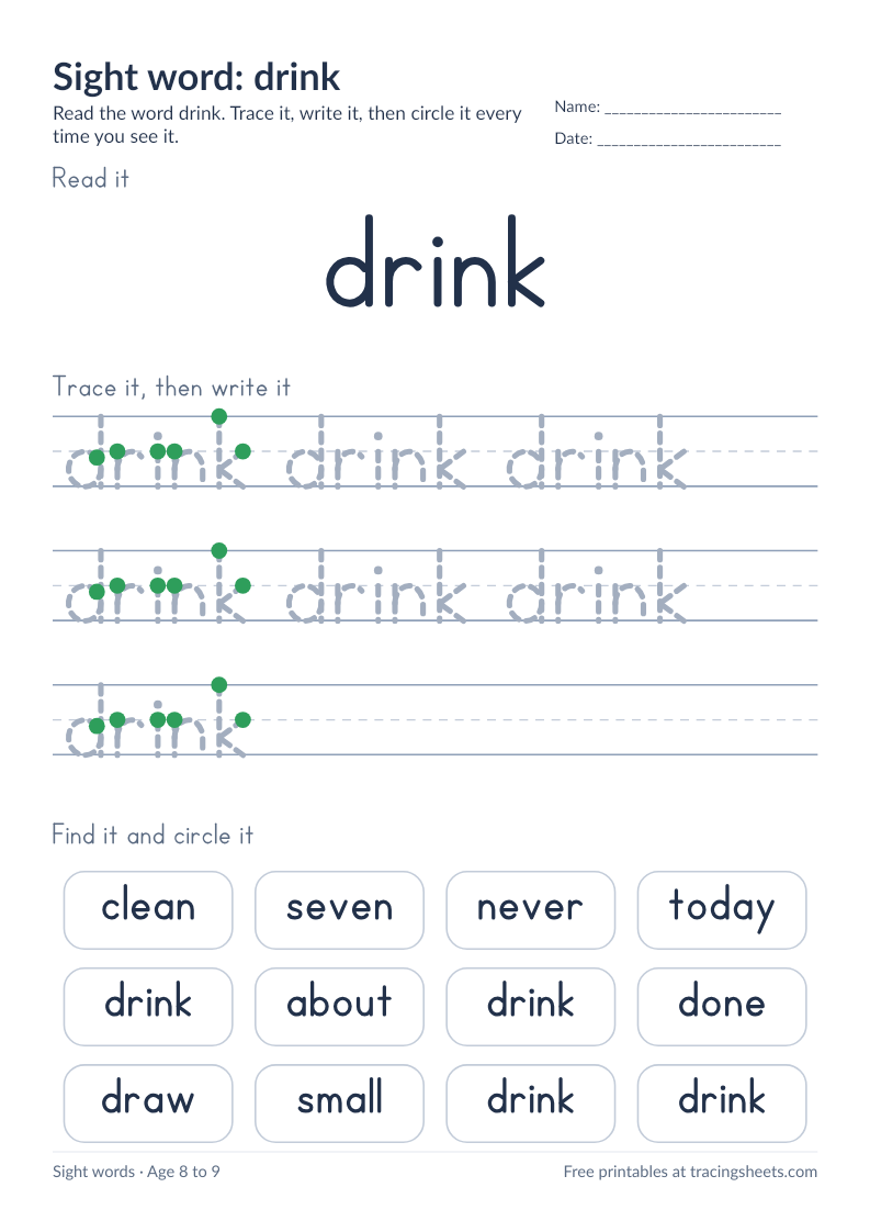 Preview of the printable sight word: drink worksheet