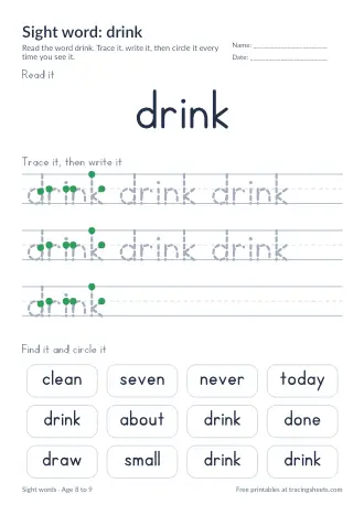 Preview of the sight word: drink worksheet