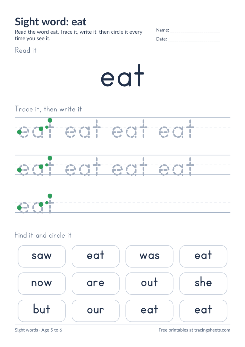 Preview of the printable sight word: eat worksheet