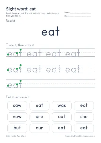 Preview of the sight word: eat worksheet