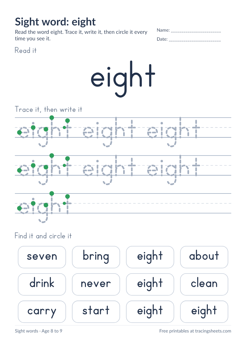 Preview of the printable sight word: eight worksheet