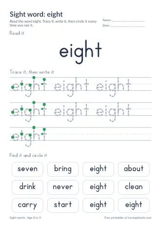 Preview of the sight word: eight worksheet