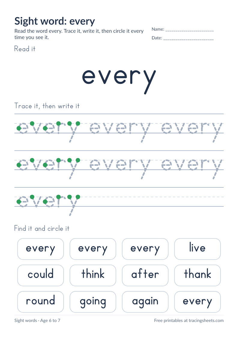 Preview of the printable sight word: every worksheet