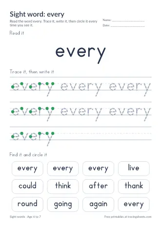 Preview of the sight word: every worksheet