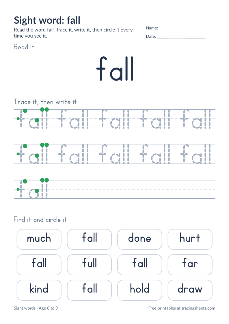Preview of the printable sight word: fall worksheet