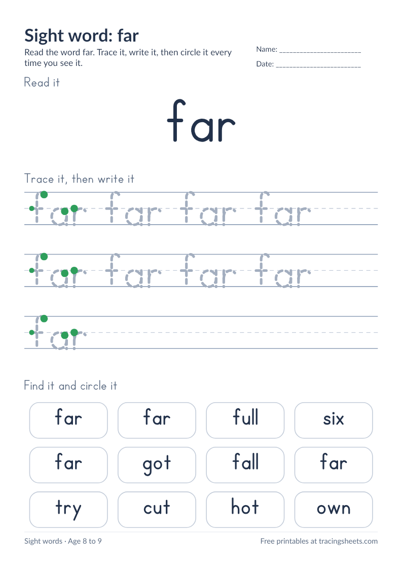 Preview of the printable sight word: far worksheet