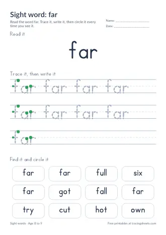 Preview of the sight word: far worksheet
