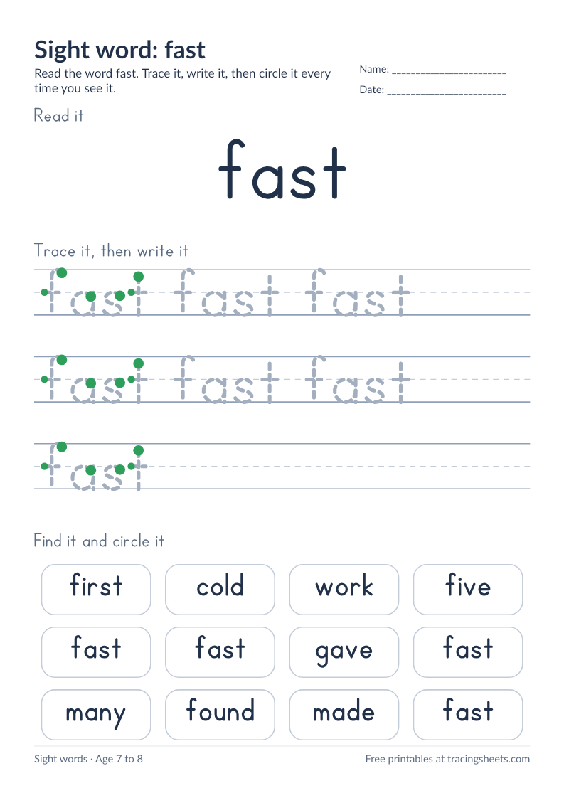 Preview of the printable sight word: fast worksheet