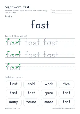Preview of the sight word: fast worksheet
