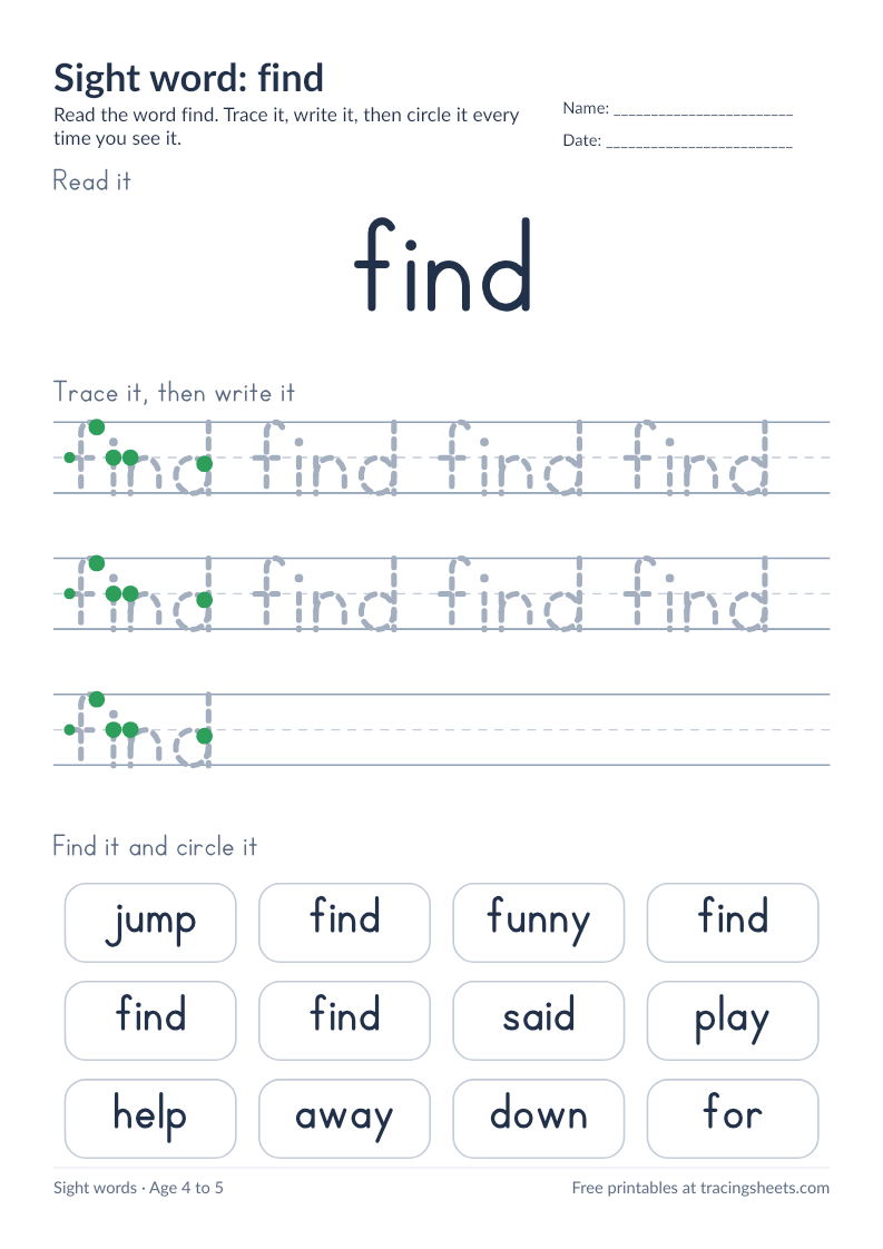 Preview of the printable sight word: find worksheet
