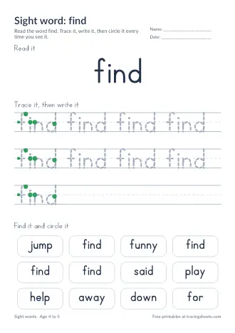 Preview of the sight word: find worksheet