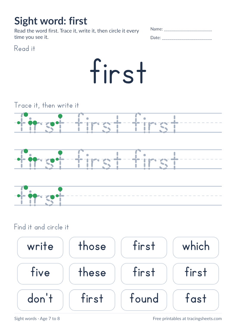 Preview of the printable sight word: first worksheet