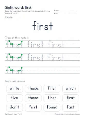 Preview of the sight word: first worksheet
