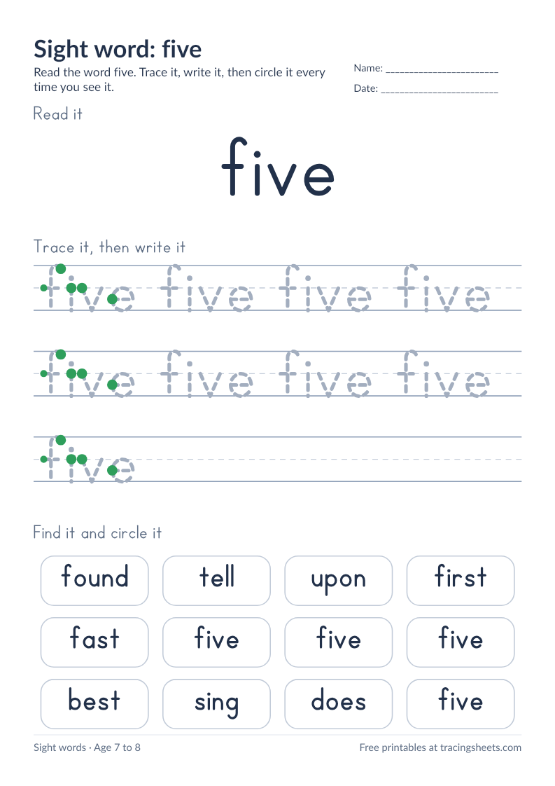 Preview of the printable sight word: five worksheet