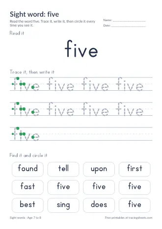 Preview of the sight word: five worksheet