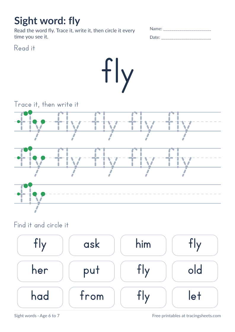 Preview of the printable sight word: fly worksheet