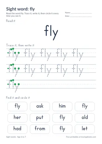Preview of the sight word: fly worksheet