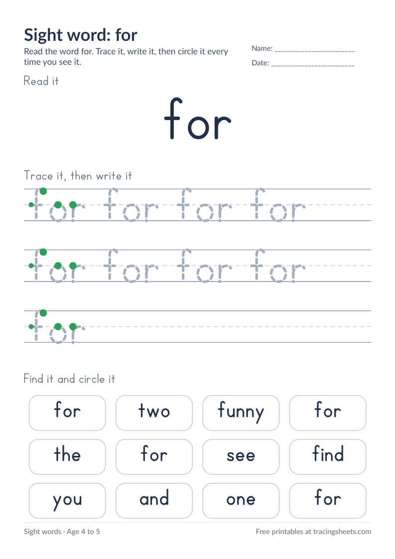 Preview of the printable sight word: for worksheet