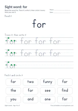Preview of the sight word: for worksheet