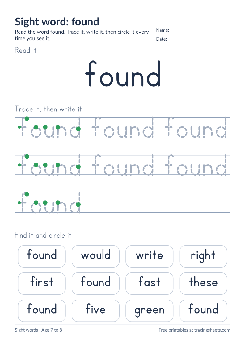 Preview of the printable sight word: found worksheet